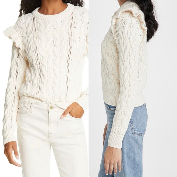 FRAME Sofia Ruffle Cable Knit chunky Sweater off white size Small - Picture 6 of 16